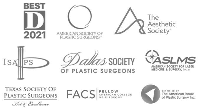 Credentials logos, Best D 2022, ASPS, ISAPS, Dallas Society of Plastic Surgeons, ASLMS, Texas Society of Plastic Surgeons, FACS, ABPS