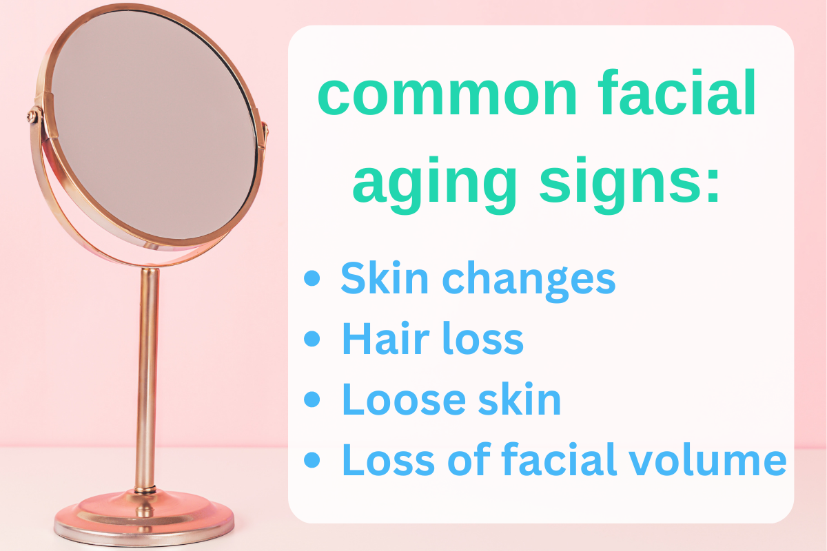 Common facial aging signs: skin changes, hair loss, loose skin, loss of facial volume