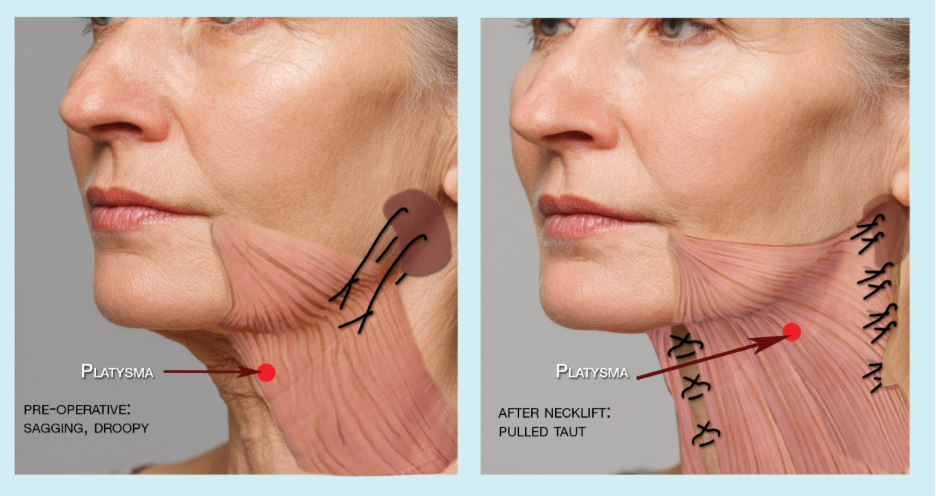 Neck lift illustration showing platysma muscle tightening to improve sagging neck skin.