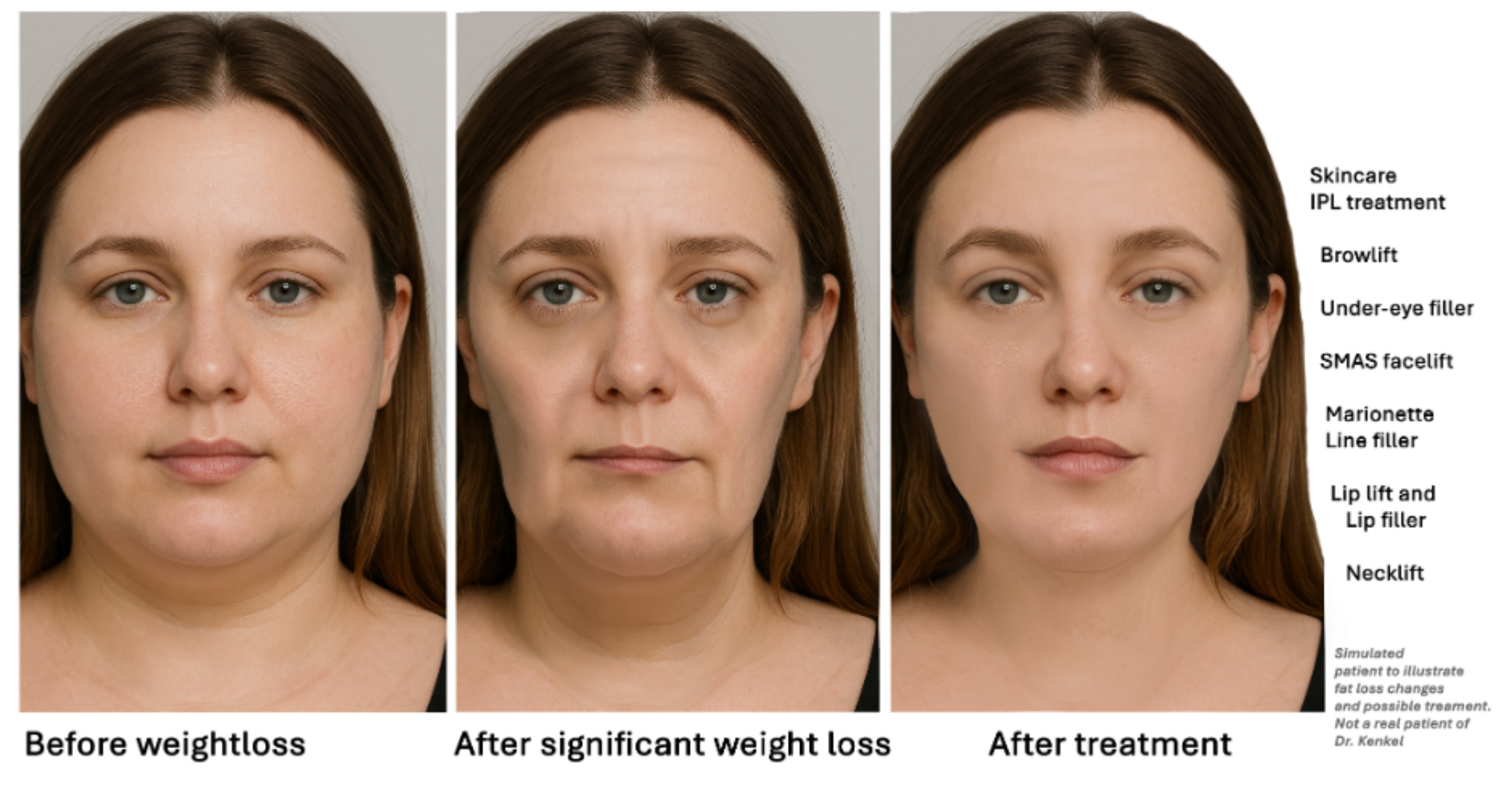 Infographic showing results of facial volume before weight loss, after weight loss, and then after treatment for this volume loss.